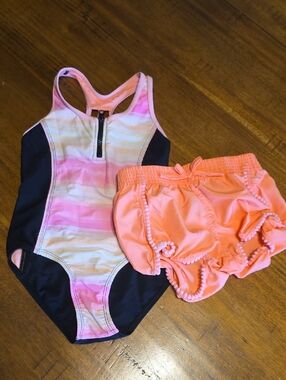 ZeroXposur Girls Pink and Black One-Piece Swimsuit with Coral Swim Shorts